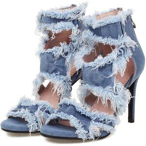 Women’s Blue Open Toe Denim High Heel Sandals Ankle Strap Stiletto Fashion Shoes